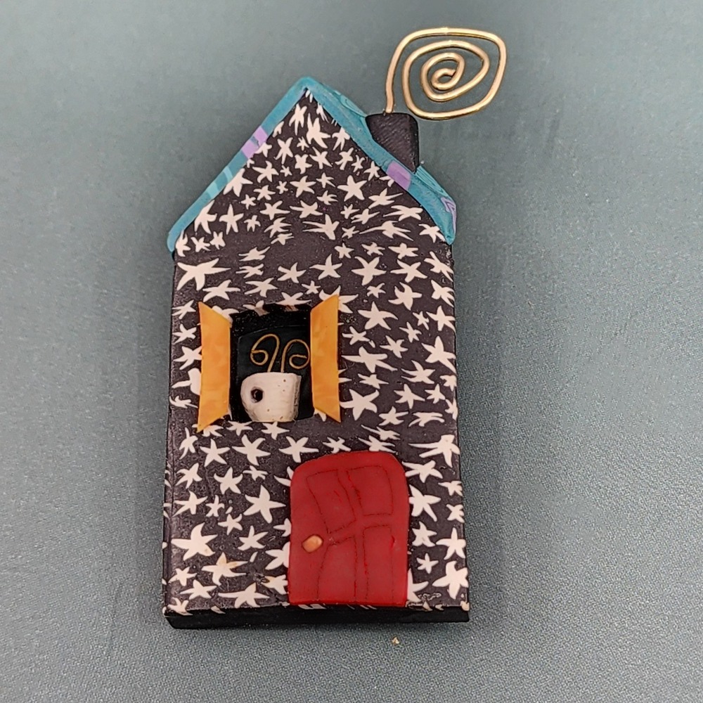 Whimsical House Brooch Polymer Clay Red Door Gold Wire Folk Art Statement Pin